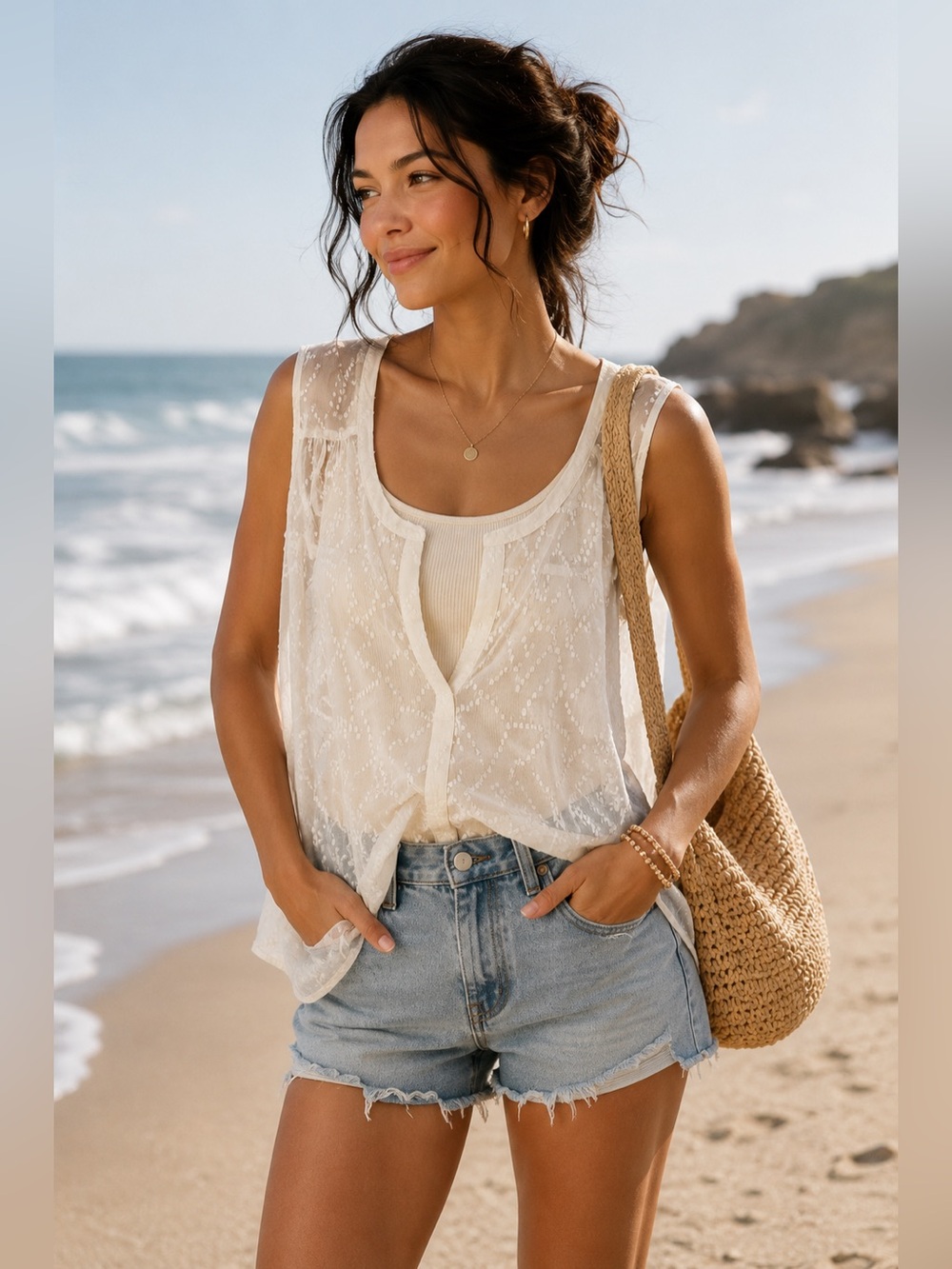 Medium American Eagle Outfitters Sheer Swiss Dot Tank Top in Cream
